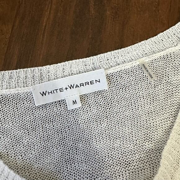 WHITE + WARREN Knotted Crew Neck Sweater White Linen LS Open Knit - Picture 7 of 11